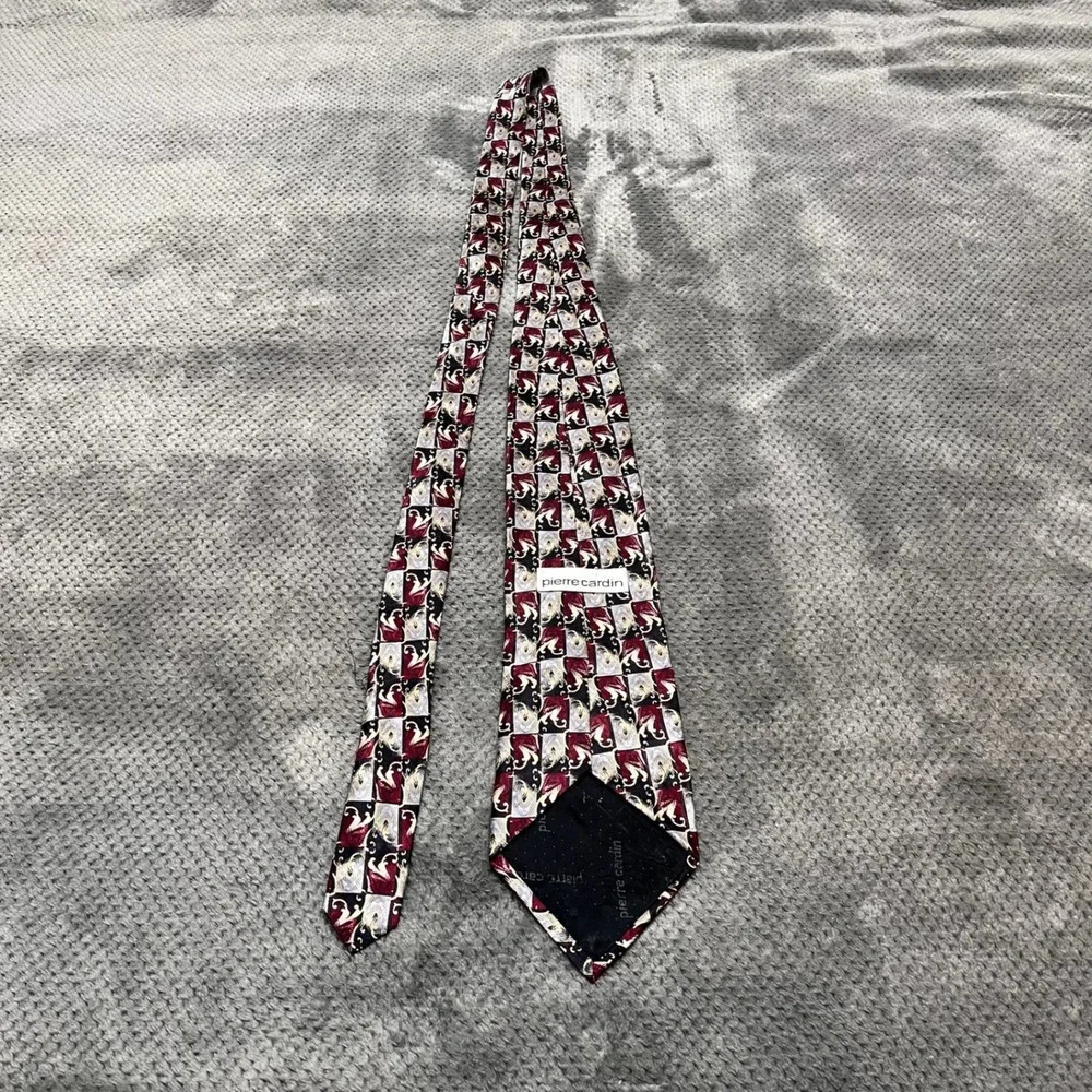 Pierre Cardin Mens Silk Tie Burgundy Silver Gold Geometric Scroll Pattern Wide